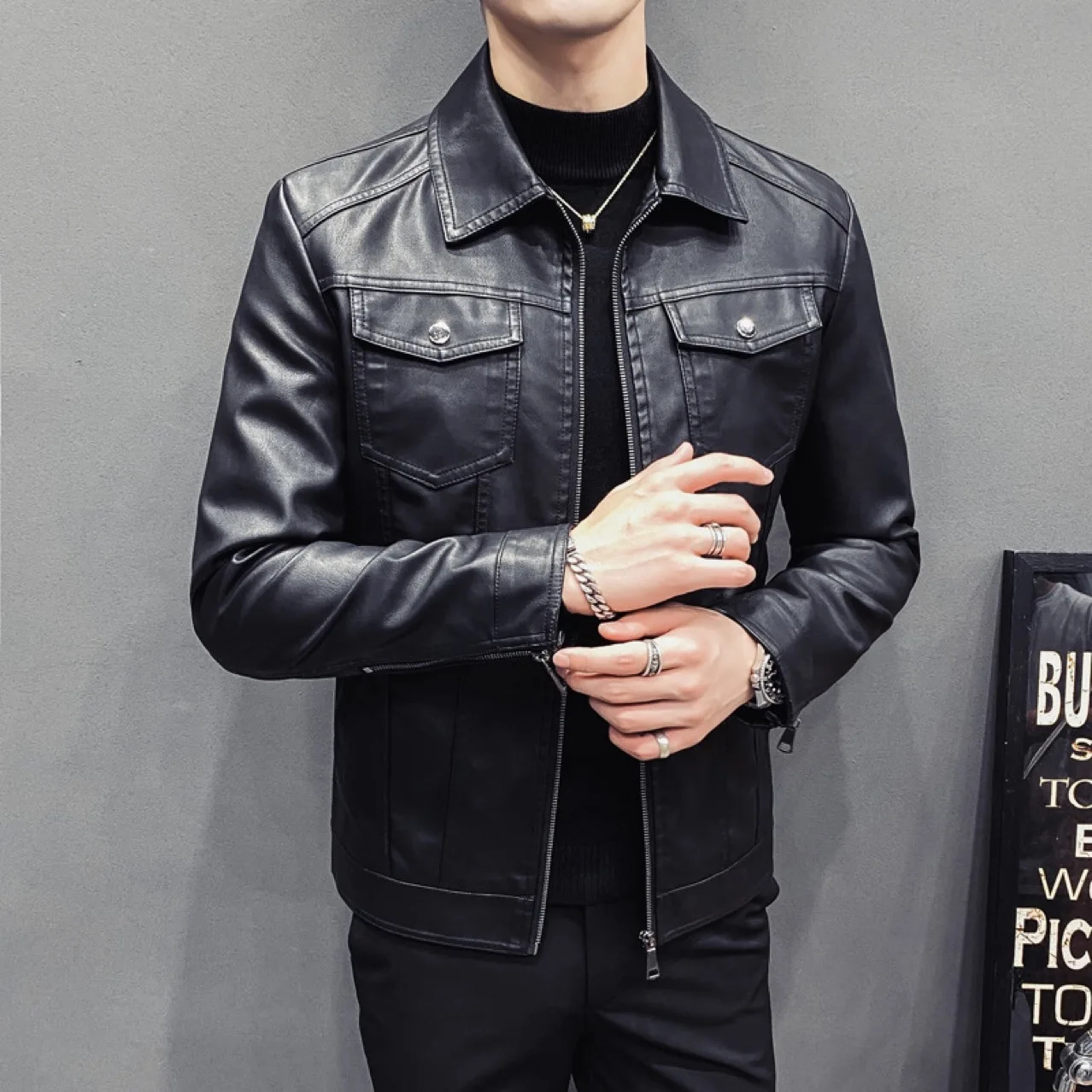 Top Trends: Autumn And Winter New Men's Casual Motorcycle Jacket Slim Korean Version Lapel PU Leather Shoppable Styles - Image 2