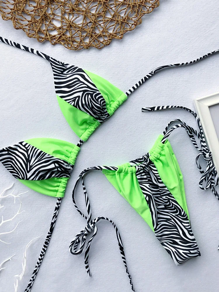 Top Trends: Zebra Print Halter Micro Bikini 2024 Women Bandeau String Swimsuit Female Swimwear Neon Shiny Bikini Set Leopard Bathing Suit Shoppable Styles