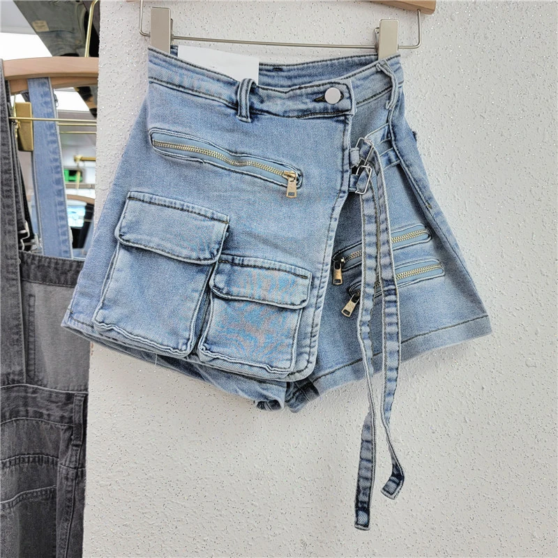 Top Trends: Korean Style Multi Pockets Cargo Denim Shorts Zipper Lace Up High Waist A-line Women Fashion Casual Jeans Culottes Streetwear Shoppable Styles