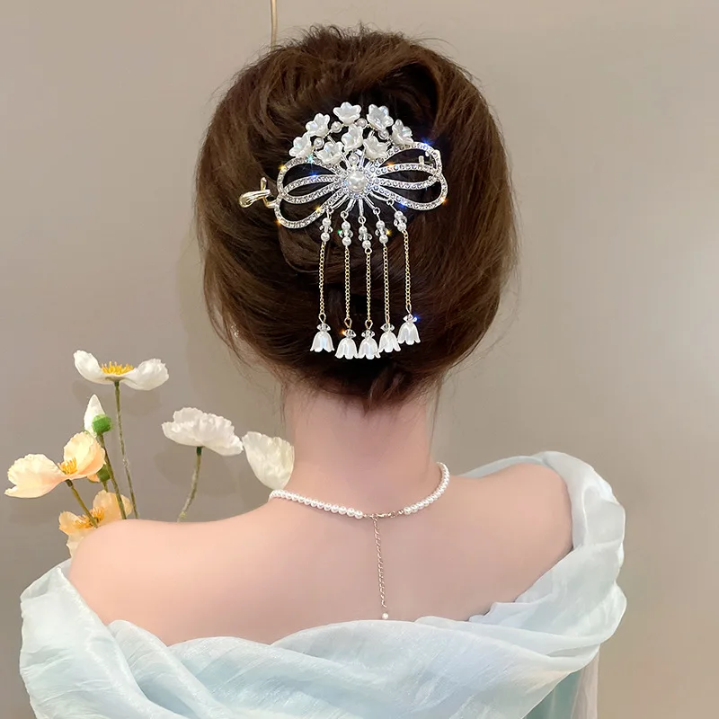 Top Trends: New Retro Bell Orchid Flower Hair Clip Women Bowknot Tassel Hair Claw Girls Elegant Crystal Ponytail Buckle Hair Accessories Shoppable Styles - Image 3