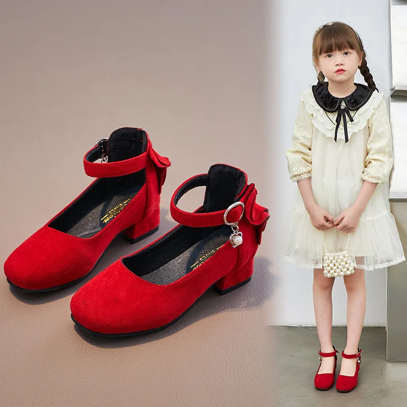 Top Trends: Kids High Heeled Shoes Girls Princess Shoes For Party Wedding Dance Childrens Fashion Velvet Black Pink Red Leather Shoes 3-15T Shoppable Styles