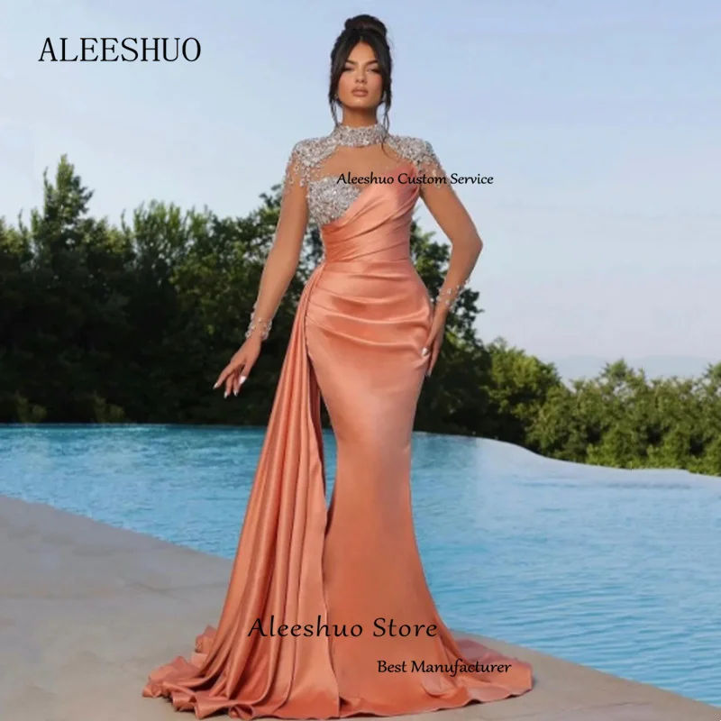 Top Trends: Aleeshuo Luxury Beading Mermaid Satin Prom Dresses Long Sleeve Halter Sweetheart Evening Dress Formal Occasions Vestido De Noche Shoppable Styles - Image 3