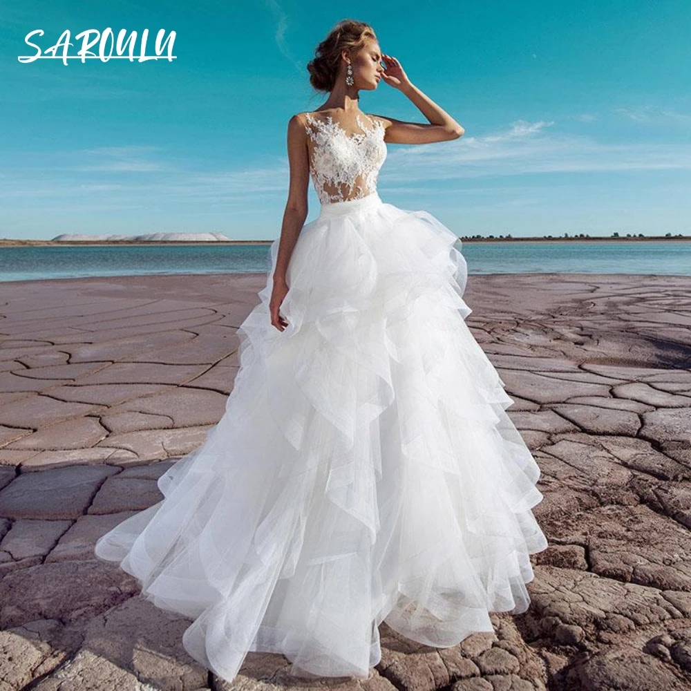 Top Trends: Tulle Tiered Beach Wedding Dress A-line Princess Sexy Illusion Lace Sleeveless O Neck Bridal Wedding Gown Custom Made Bride Robe Shoppable Styles