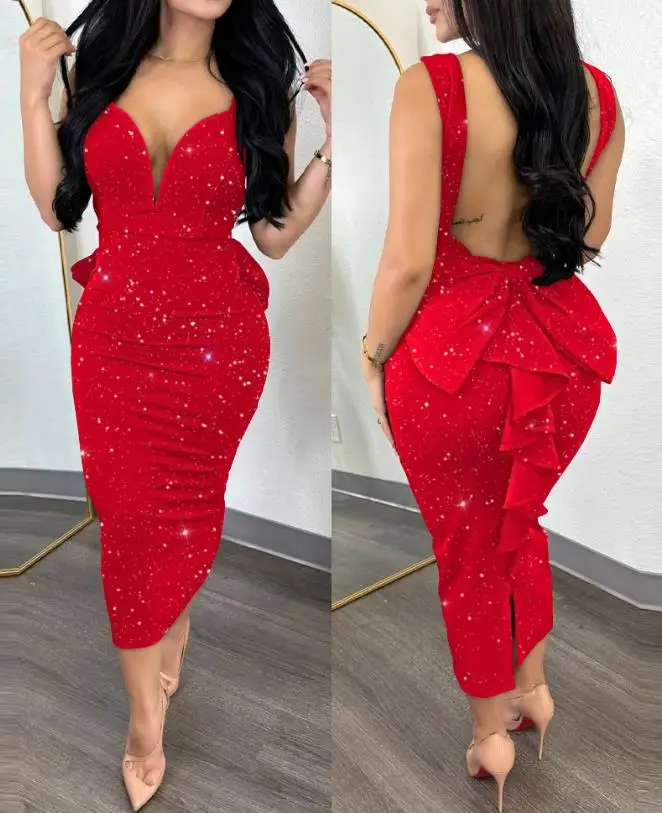 Top Trends: Dresses Women Sexy Night Out Plunge Glitter Ruffle Hem Backless Sleeveless Fashion Bodycon Party Dress 2023 Summre Vestidos Shoppable Styles