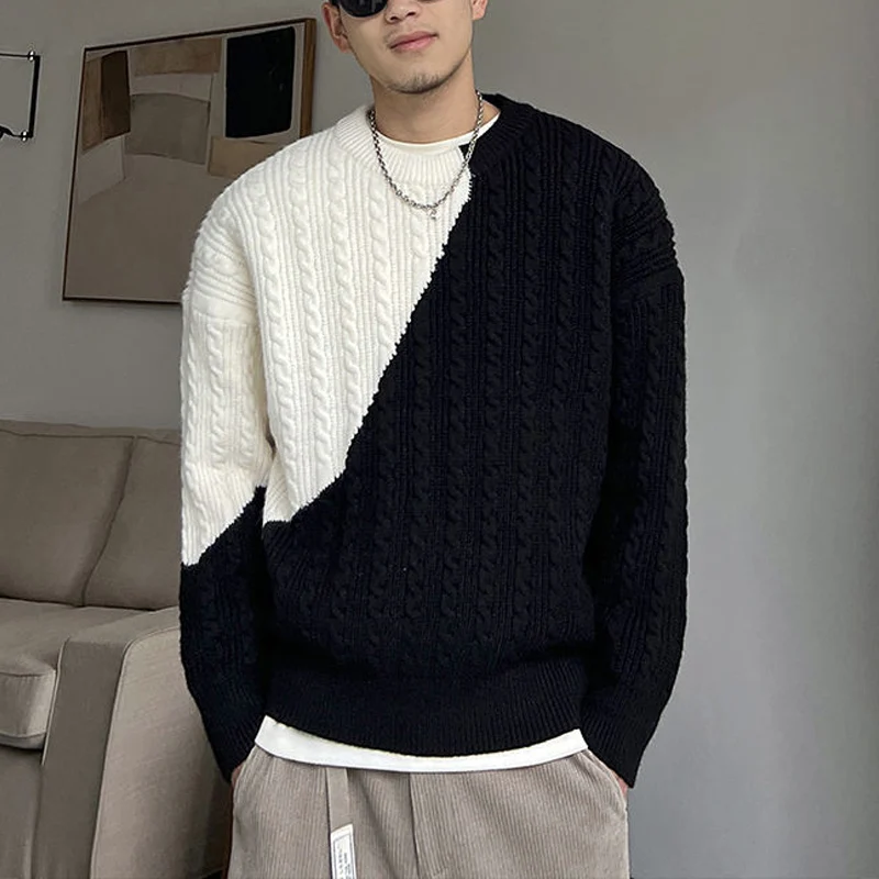 Top Trends: Autumn Winter New Contrast Color Fashion Long Sleeve Sweater Man High Street Loose Jacquard Weave All-match Youth Y2K Pullovers Shoppable Styles