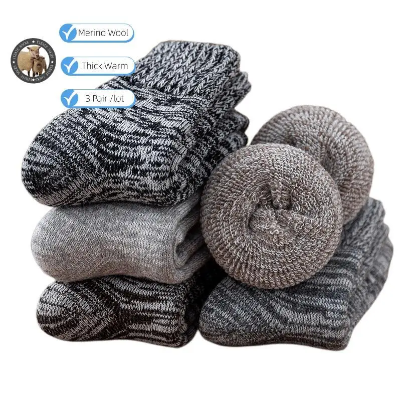 Top Trends: 3 Pair Winter Men&#039;s Thick Warm Wool Socks Harajuku Retro High Quality Merino Wool Socks Men Protective Snow Casual Socks Shoppable Styles