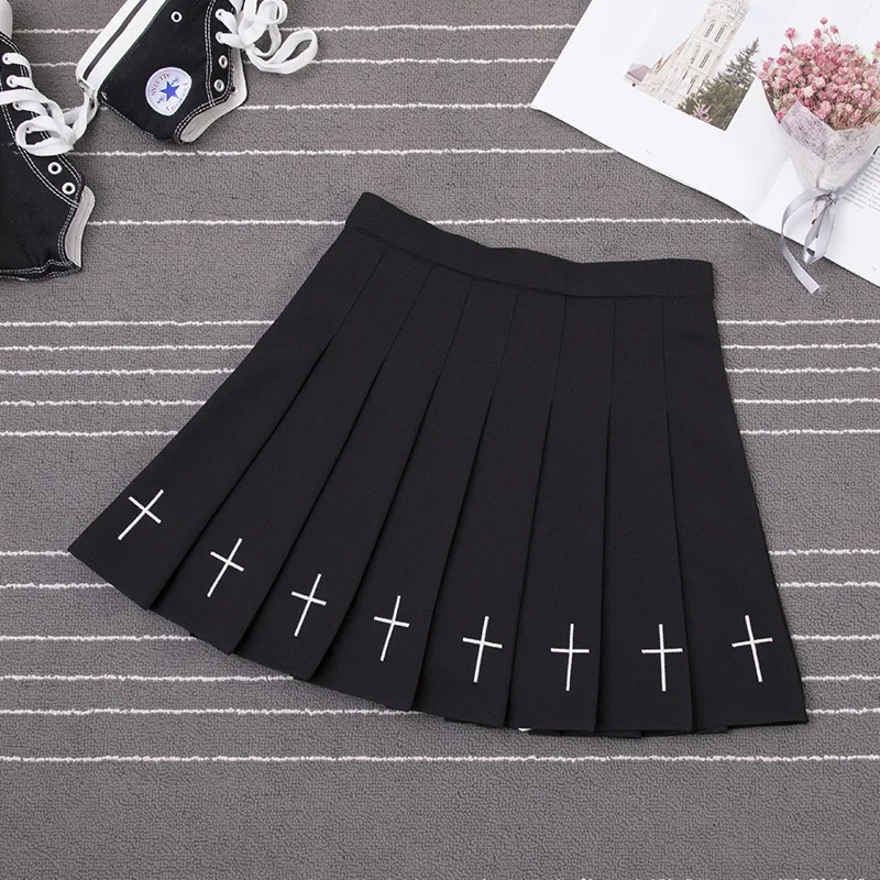 Top Trends: Women Harajuku Sweet Fresh Feeling High Waist Pleated Skirt Elastic Waist Cross Embroidery Skirt Pleated Skirt Shoppable Styles