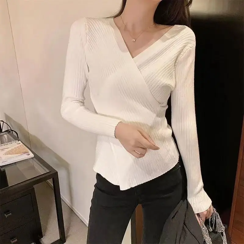 Top Trends: Women's Autumn And Winter New Fashion Minimalist Solid Color V-neck Cross Korean Versatile Long Sleeved Slim Fit Sweater Tops Shoppable Styles - Image 4