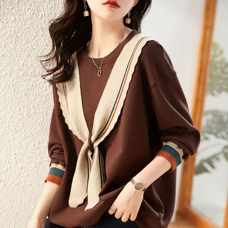 Top Trends: Female Clothing Casual O-Neck Pullovers 2023 Spring Autumn Stylish Scarf Drawstring Korean Spliced Basic Solid Color Sweatshirts Shoppable Styles