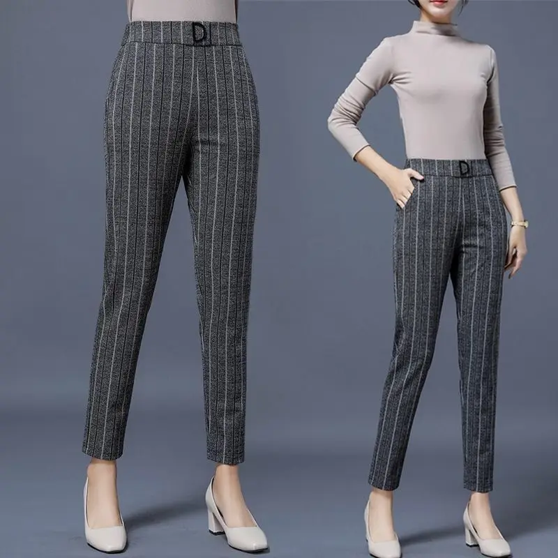 Top Trends: Office Lady Fashion Striped Straight Pants Spring Autumn D Word Elastic High Waist Loose Casual Woman Black Pencil Trousers 2022 Shoppable Styles