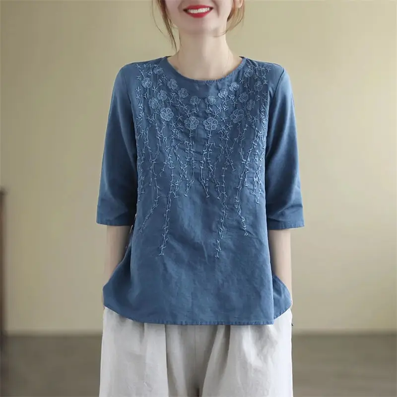 Top Trends: Summer Women Cotton Hemp Solid T-Shirt Embroidery Vintage Female Clothing New Tee Half Sleeve Fashion Pullover Loose Casual Tops Shoppable Styles