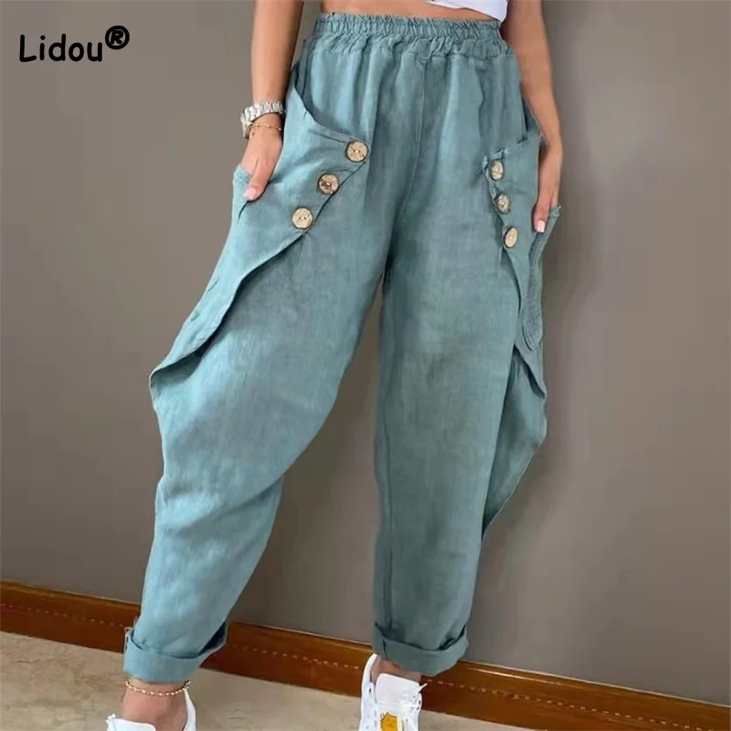 Top Trends: Summer New Casual Distressed Loose Trousers Button Patchwork Pockets Solid Color Mid Waist Fashion Black Harem Pants Women's Shoppable Styles