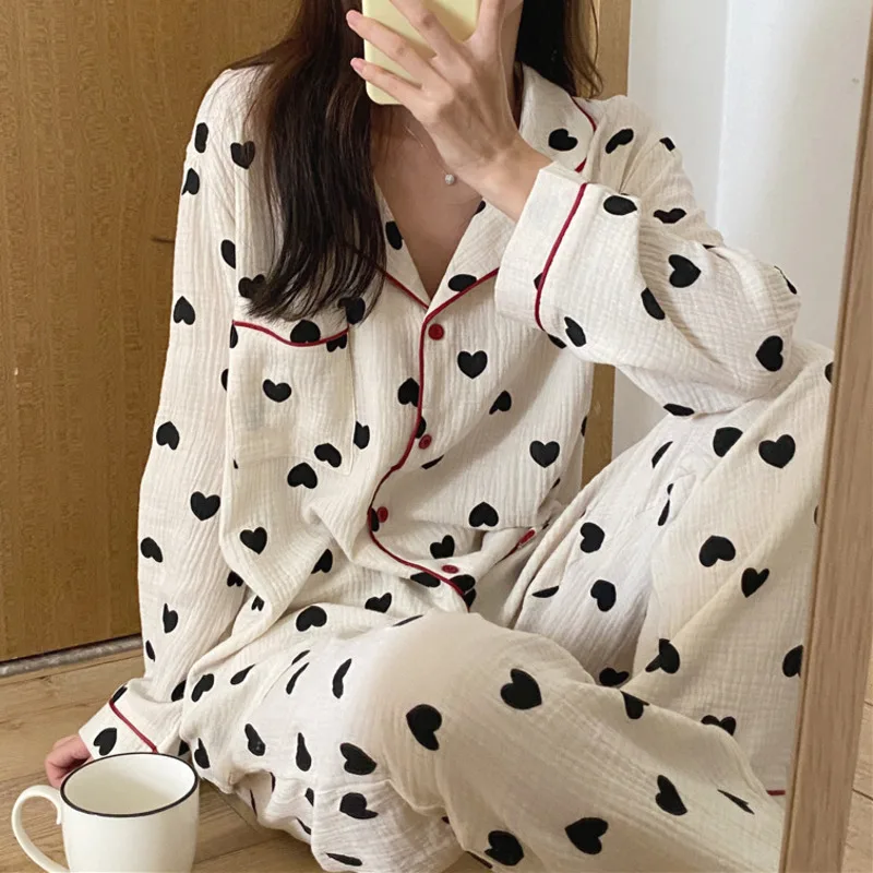 Top Trends: 2 Pieces Womens Pajamas Long Sleeve Sleepwear Korean Heart Print Pijama Set Casual Nightwear Lady Home Suit Spring Pyjama Nighty Shoppable Styles