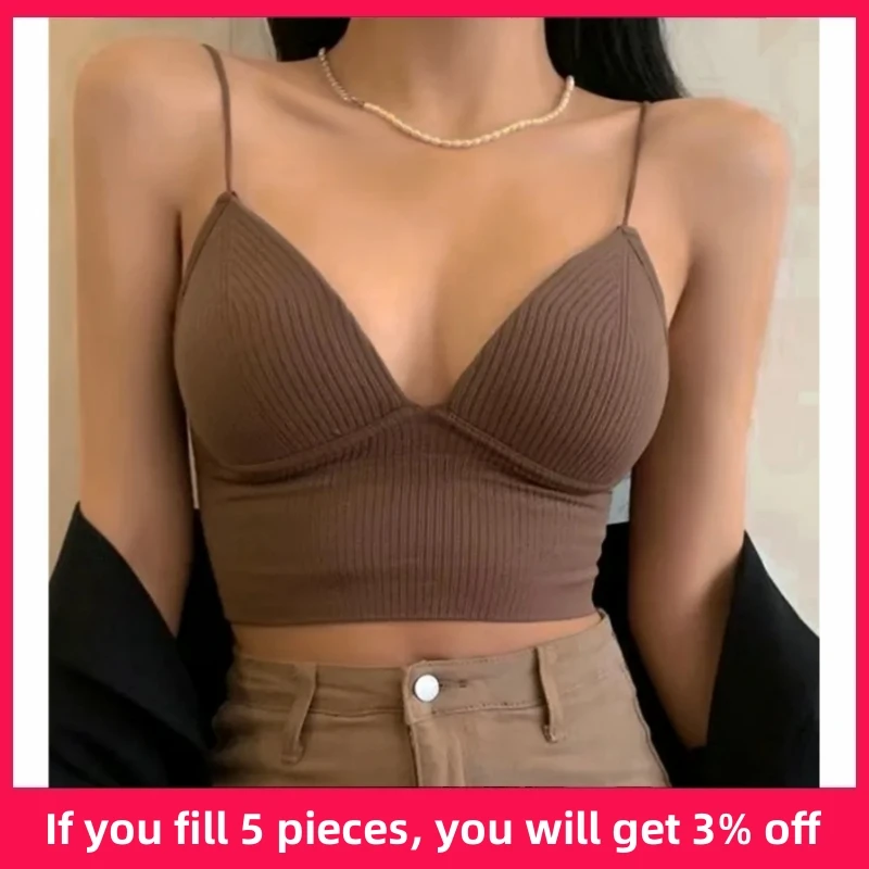 Top Trends: Women Seamless Crop Top Underwear Wire-Free V-Shaped Camisole Thin Straps Striped Solid Bralette Lingerie One-Piece Tube Tops Shoppable Styles