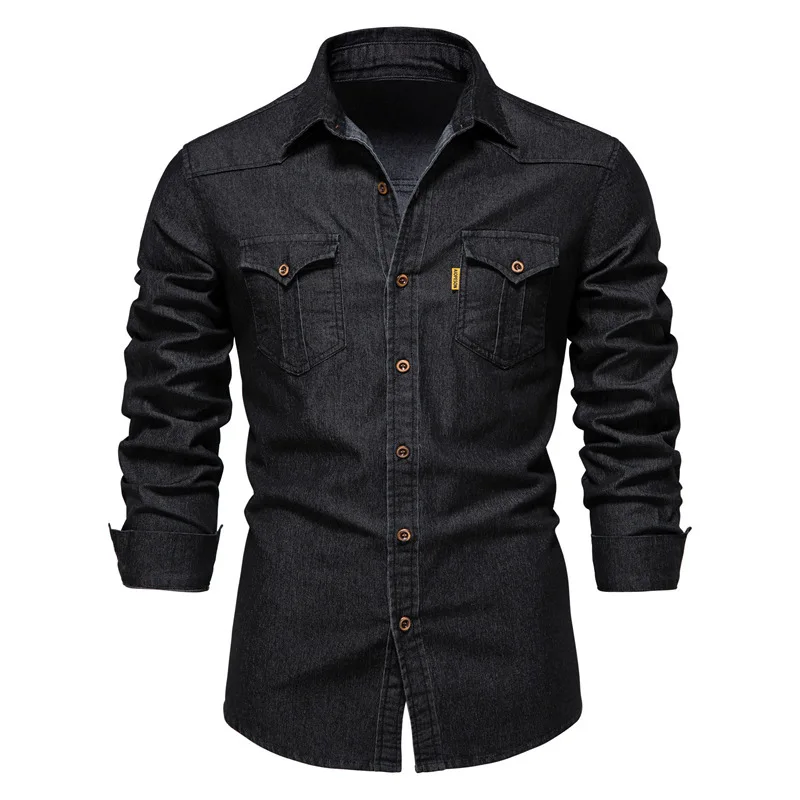 Top Trends: High Quality Elastic Cotton Denim Shirt Men Long Sleeve Solid Color Pocket Shirts For Men Casual Slim Fit Mens Designer Clothing Shoppable Styles