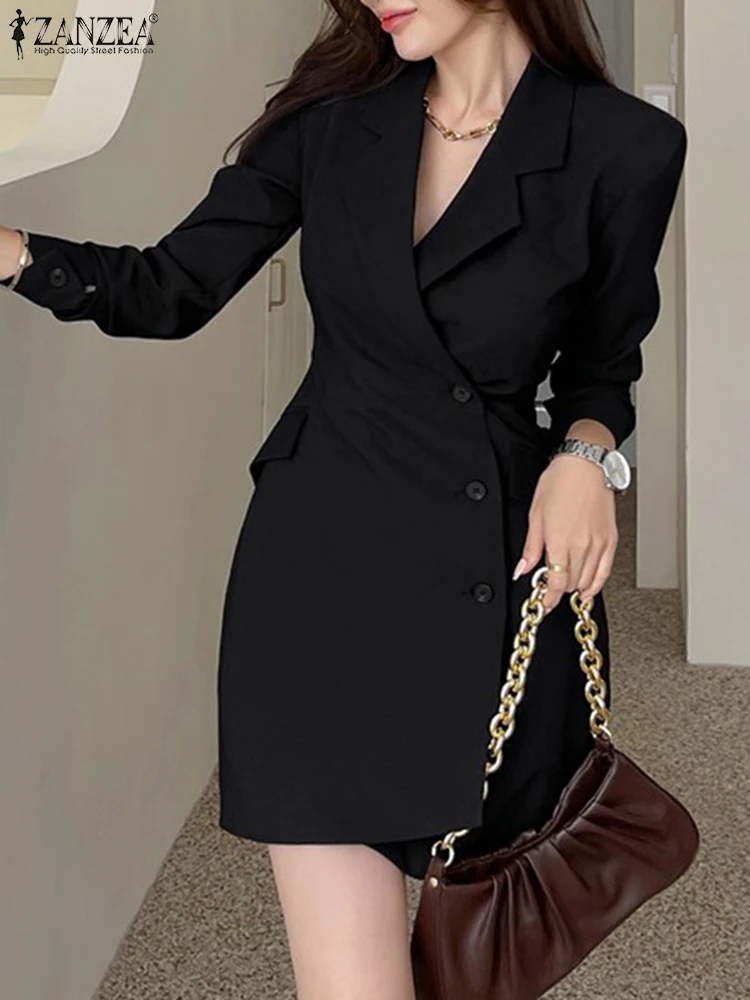 Top Trends: ZANZEA 2023 Women Long Sleeve Blazer Dress Fashion Solid Color Mini Dresses Autumn Office Lapel Casual Lady Pleated Short Robes Shoppable Styles