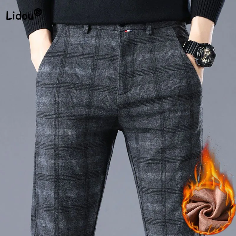 Top Trends: Male Clothes Casual Fashion Plus Fleece Plaid Pants 2023 Autumn Winter Men's All-match Comfortable Thick Slim Pencil Trousers Shoppable Styles