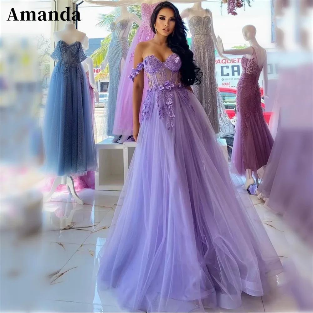 Top Trends: Amanda Princess Off Shoulder A-line Prom Dress 2023 Sweetheart Tulle Vestidos De Noche Lavender 3D Flower فساتين مناسبة رسمية Shoppable Styles