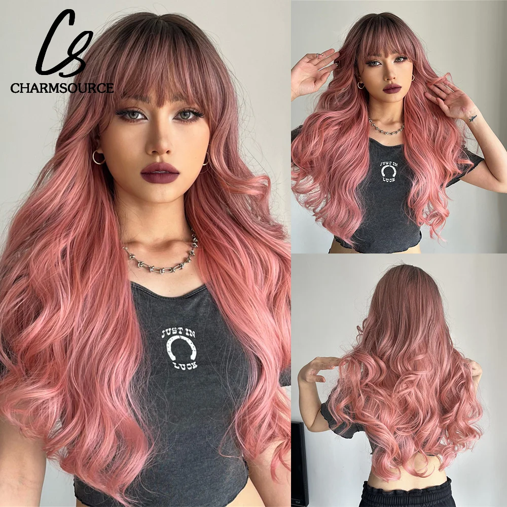 Top Trends: Long Wavy Hair With Neat Bangs Ombre Brown To Pink Wig Synthetic Wigs For Women Cosplay Daily Party Use Heat Resistant Fiber Shoppable Styles