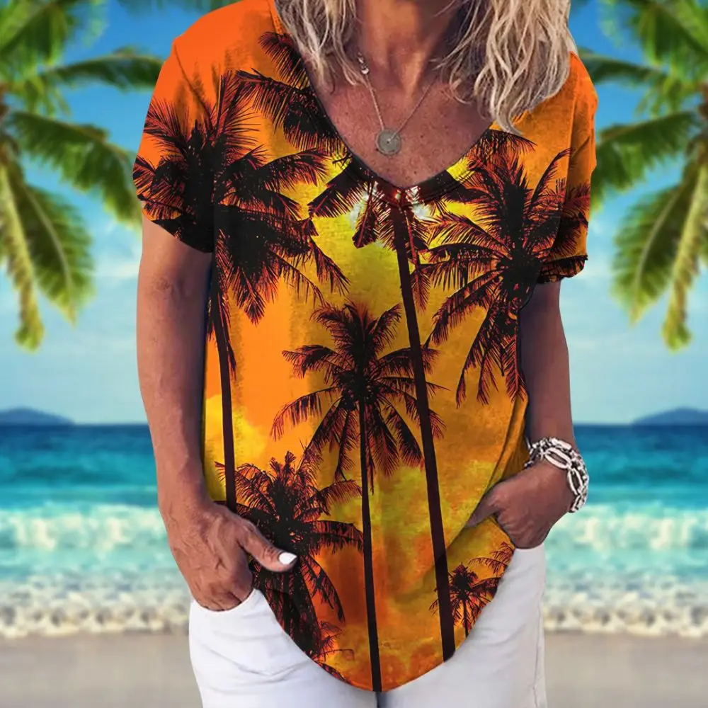 Top Trends: Summer Women T-Shirt Hawaiian Shirt Coconut Palm Pattern V Neck Short Sleeve Tops Vacation Apparel 5xl Girls Tee Ladies Clothing Shoppable Styles