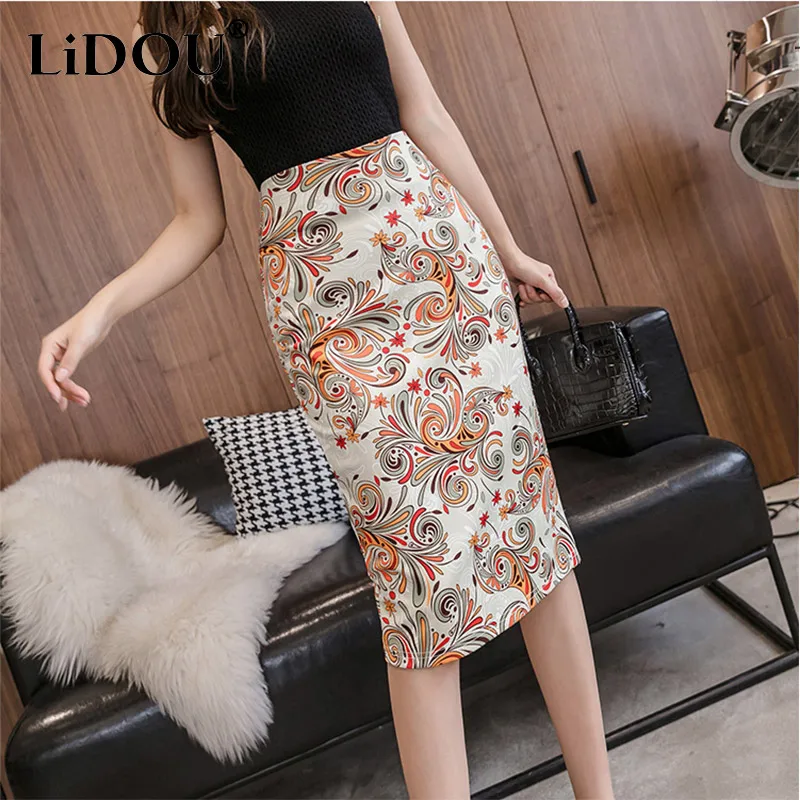 Top Trends: Summer New Fashion Sexy Pencil Hip Skirts Women Court Printed High Waist Knee Length Office Lady Elegant Slim Midi Bodycon Dress Shoppable Styles