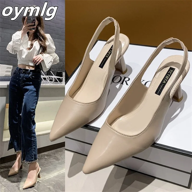 Top Trends: Baotou Back Empty Sandals High Heels Women&#039;s Thick Heel 2022 Spring New Single Shoes Pointed Toe Black Work Shoes High Heels Shoppable Styles