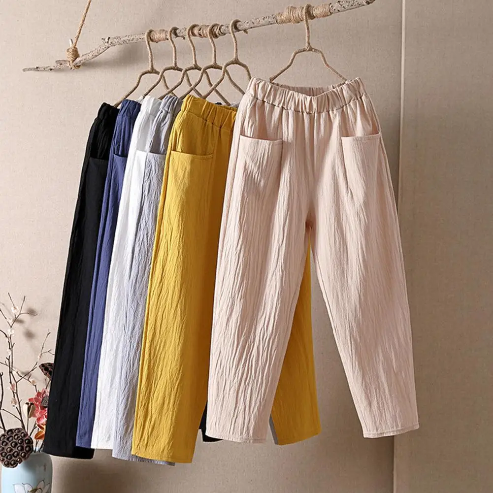 Top Trends: Women Pants Elastic Waist Loose-fitting Solid Color Ankle-length With Pocket Decorative Flax Women Summer Wide Leg Pants Shoppable Styles