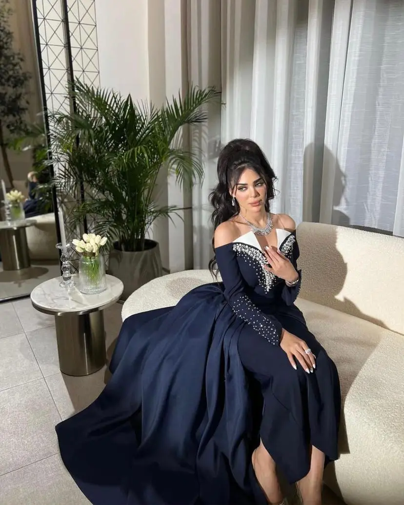 Top Trends: Navy Mermaid Long Sleeves Prom Dresses Formal Women Evening Gowns Pearls V Neck Floor Length Party Dresses Back Zipper Shoppable Styles - Image 3