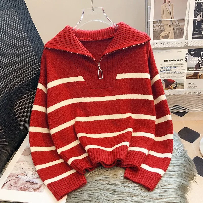 Top Trends: Warm Women Sweater Thick Winter Fashion Striped Zipper Jmuper Loose Korean Knitted Female Pullover Blouse Shoppable Styles - Image 2