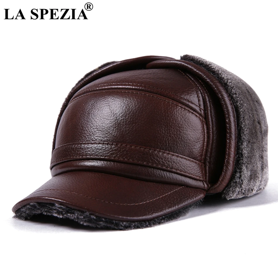 Top Trends: LA SPEZIA Winter Bomber Hat Men Russian Brown Leather Ushanka Cap With Ear Flaps Fur Warm Genuine Cow Leather Brand Baseball Cap Shoppable Styles