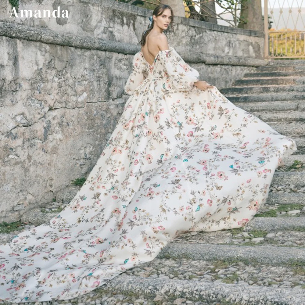 Top Trends: Amanda Puffy Sleeve فساتين مناسبة رسمية Flower Painting A-line Evening Dress Sweep Tail Prom Dress 2023 Princess Robe De Soirée Shoppable Styles