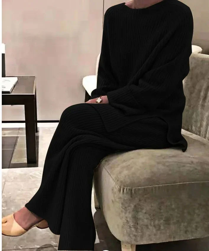 Top Trends: 2024 Spring Knitted Women Suit Black O-neck Long Sleeves Top Wide-leg Pants Loose Set Female Spring Casual Lady Home Clothes Shoppable Styles - Image 4