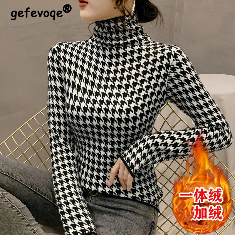 Top Trends: Autumn Winter Thick Warm Turtleneck Basic Top Female Korean Fashion Elegant Houndstooth Slim Long Sleeve T Shirt Women Clothing Shoppable Styles