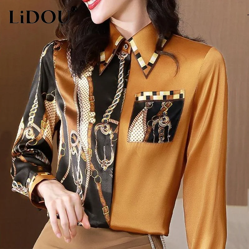 Top Trends: 2022 Spring Women Korean New Patchwork Printed Satin Blouses Vintage Elegant Fashion Office Lady Shirts Casual Long Sleeved Tops Shoppable Styles