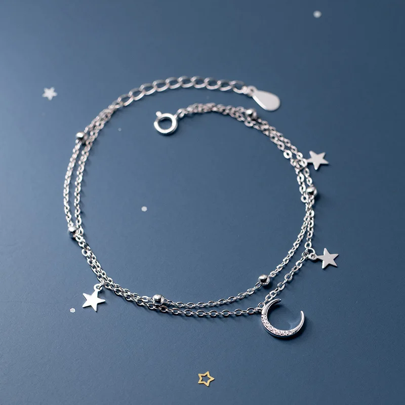 Top Trends: Popular 925 Sterling Silver Star Moon Bracelet Geometric Double Layer Bracelet Party Gift Fashion Women Jewelry Shoppable Styles