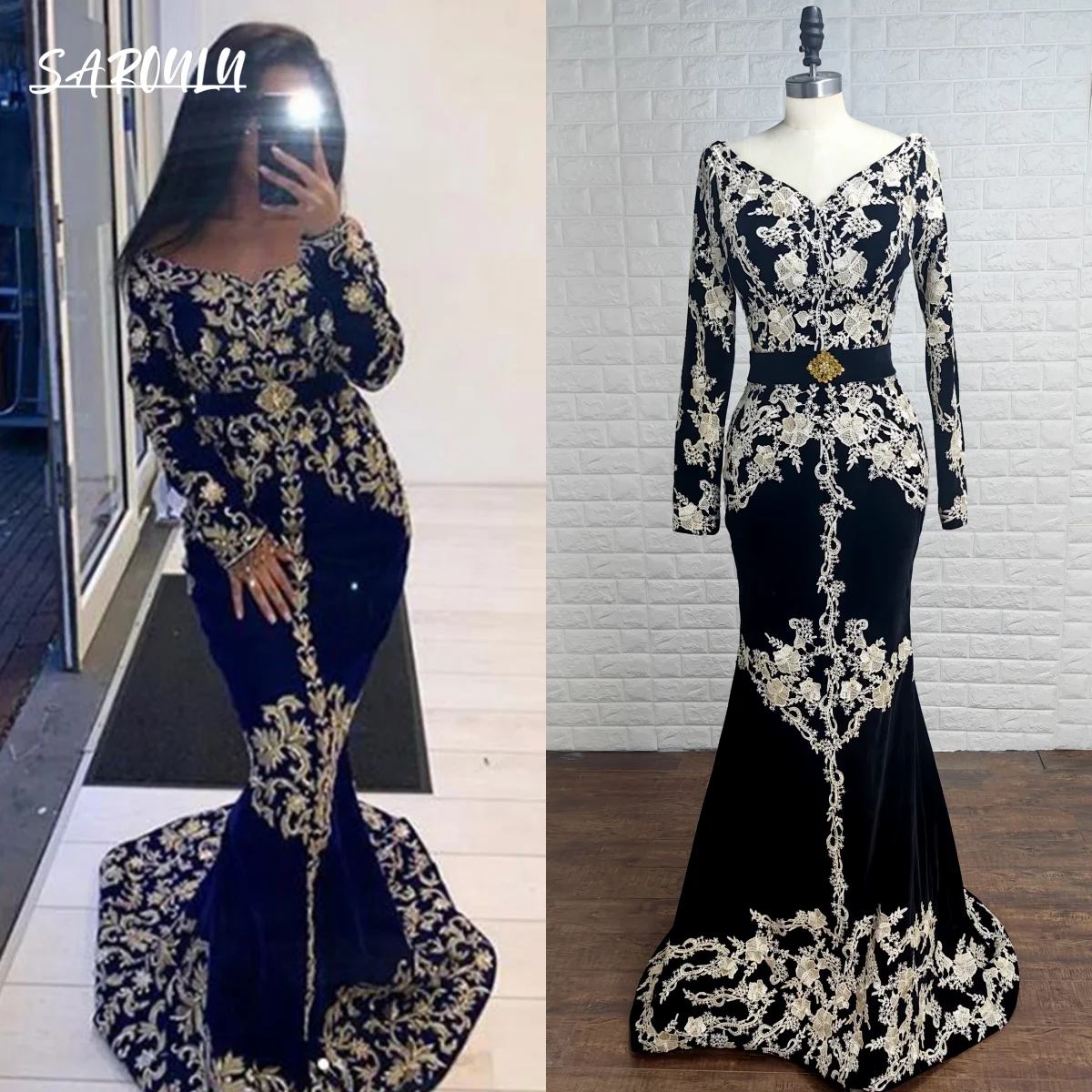 Top Trends: Real Photo Mermaid Caftan Evening Dress Arabic Long Sleeve Velvet Lace Applique Sexy Prom Gown Karakou Zipper Formal Party Dress Shoppable Styles