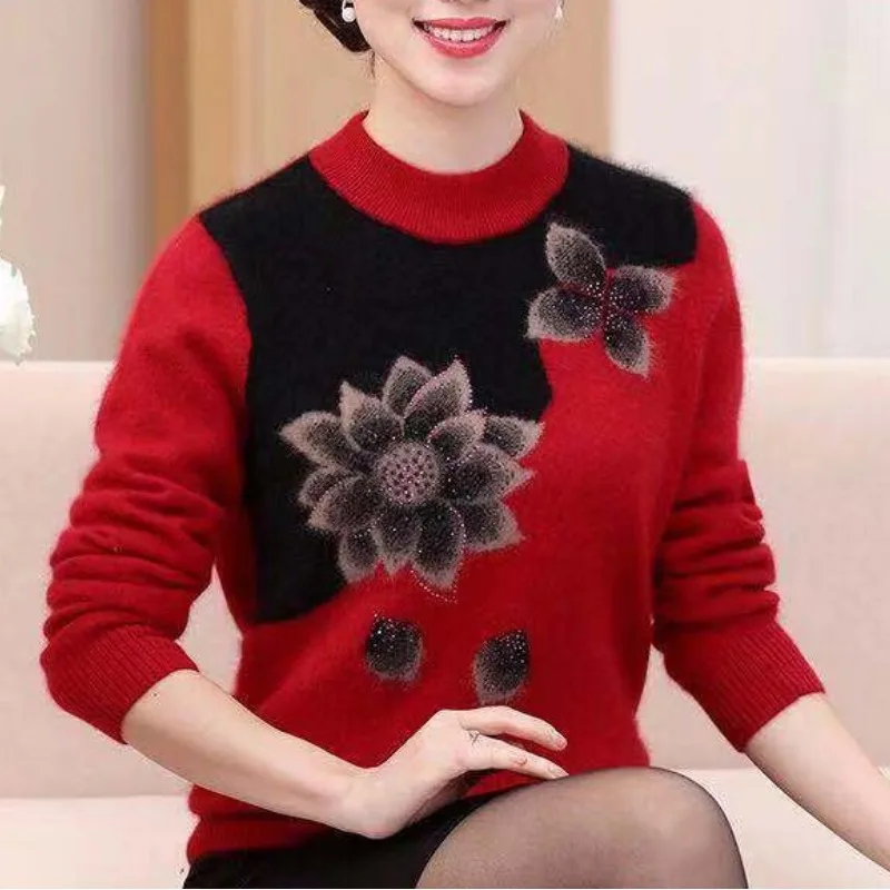 Top Trends: Autumn And Winter Women's Pullover Half High Neck Long Sleeve Floral Contrast Diamonds Elastic Loose Fashion Casual Knit Tops Shoppable Styles