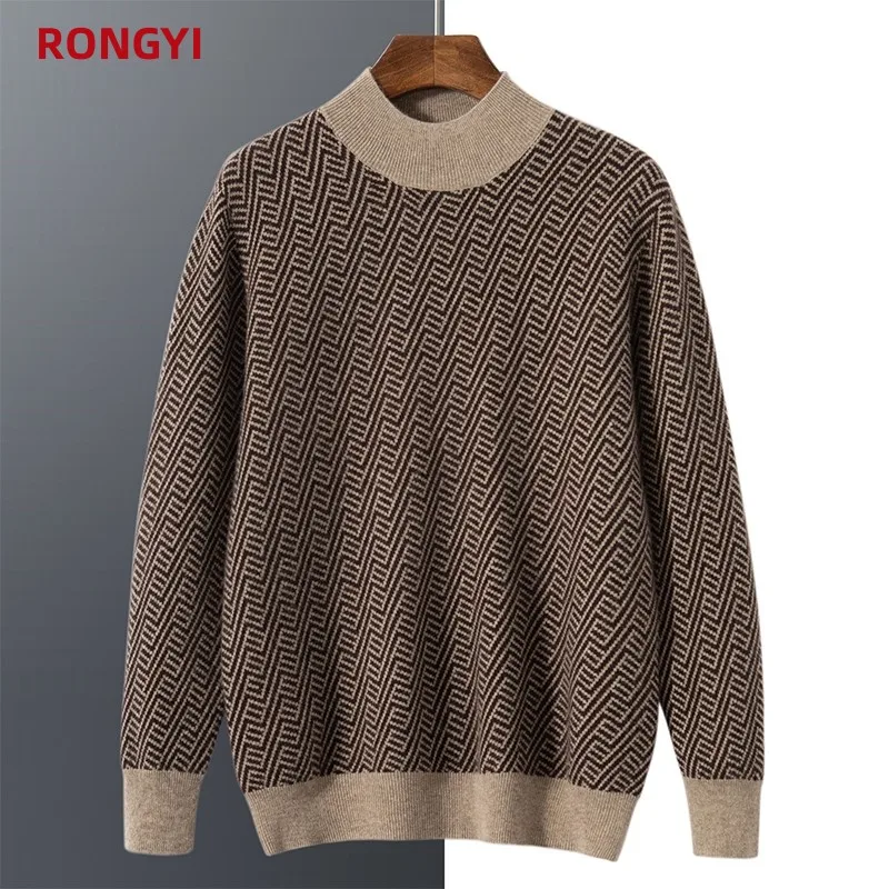 Top Trends: RONGYI 100% Pure Cashmere Sweater Men's Mock Turtleneck Jacquard Autumn And Winter New Fashion Retro Color Blocking Pullover Top Shoppable Styles