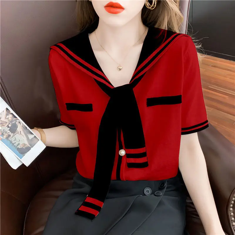 Top Trends: Fashion V-Neck Spliced Tie Button Loose Blouse Oversized Lace Up Commute Pullovers 2022 Summer New Casual Female Clothing Shirt Shoppable Styles - Image 2