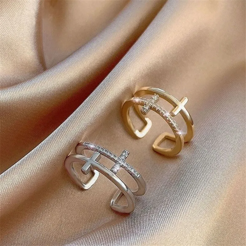 Top Trends: 925 Sterling Silver Gold Double Cross Zircon Rings For Women Luxury Quality Vintage Jewelry Gift Female Shoppable Styles