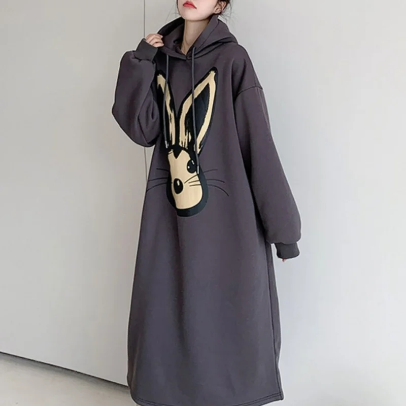 Top Trends: Autumn Winter Women Fashion Hoodie Long Dress Print Cartoon Rabbit Head Fleece Thicken Oversized Long Sleeve New Casual Dresses Shoppable Styles