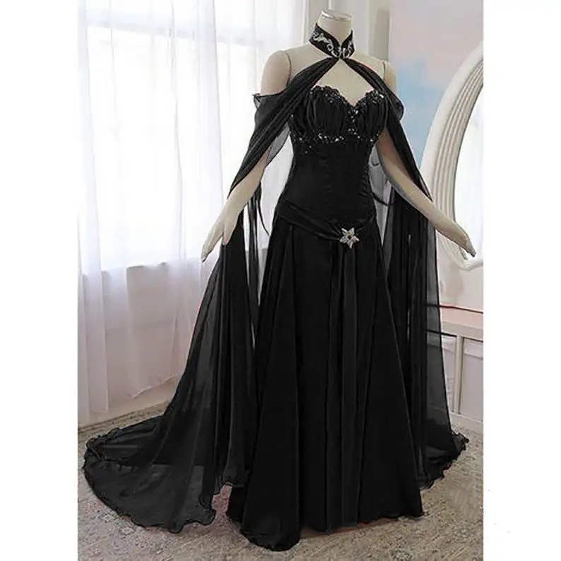 Top Trends: Vintage Medieval Evening Dress With Long Wrap Sweetheart Black A Line Renaissance Victorian Gothic Prom Party Gown For Women Shoppable Styles