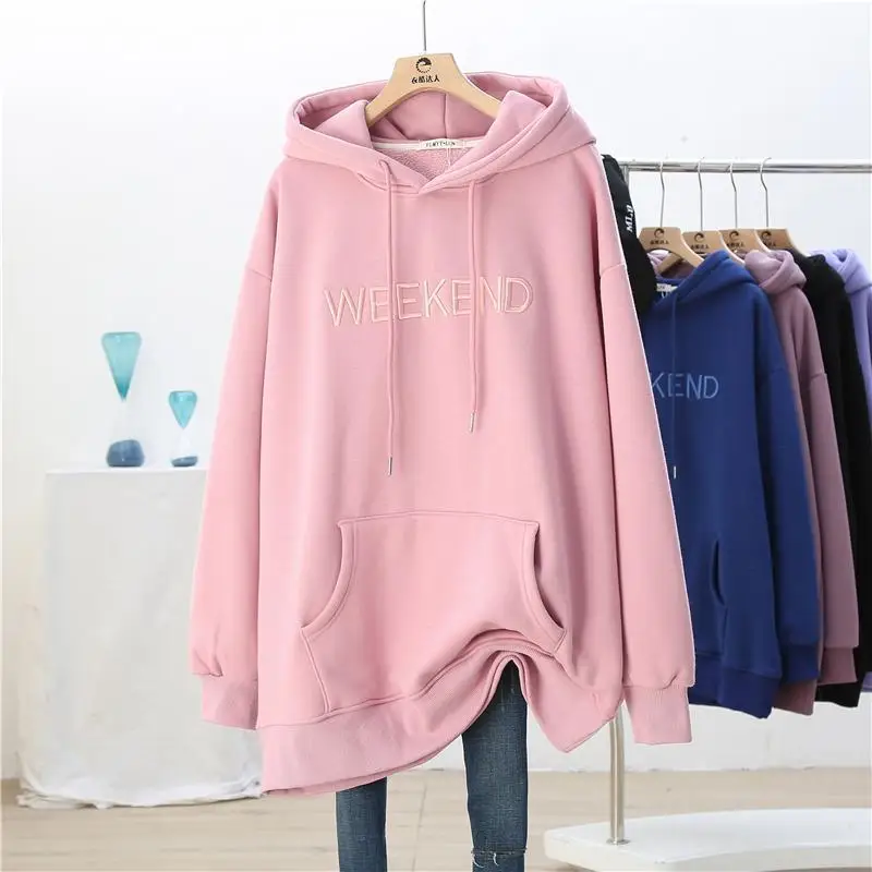 Top Trends: Womens Autumn And Winter New Hooded Sweatshirt Solid Color Letter Pockets Splicing Lax Large Size Appears Thin Mid-length Top Shoppable Styles