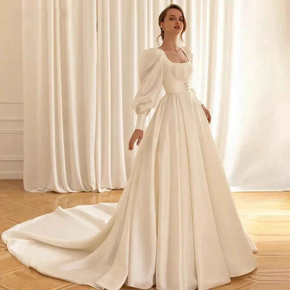 Top Trends: Graceful Satin Wedding Dresses With Detachable Coat Square Collar Bridal Gowns Long Puff Sleeves 2024 Vestidos De Novia 2023 Shoppable Styles