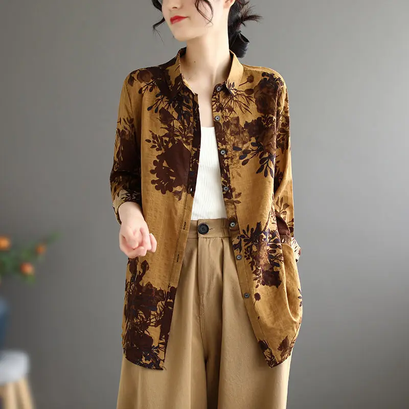 Top Trends: Printing Vintage Classic Korean Straight Button Turn-down Collar Cardigan All Season Thin Blouses Women's Clothing 2022 Fashion Shoppable Styles - Image 2