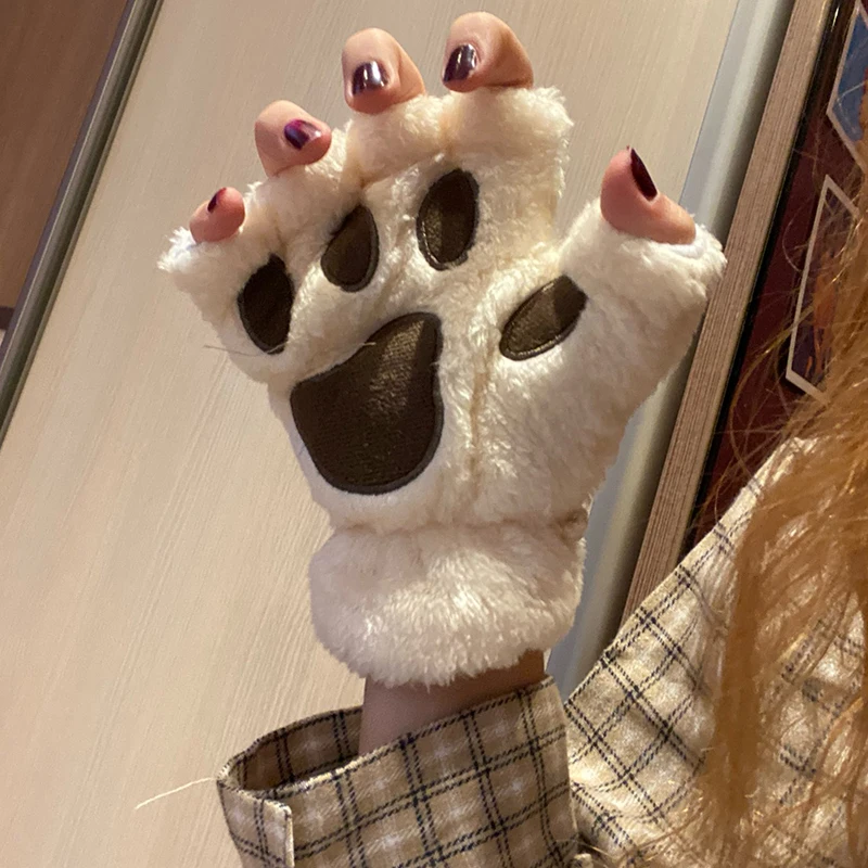 Top Trends: 1Pair Girl Lovely Bear Plush Cat Paw Claw Gloves Winter Faux Fur Kitten Fingerless Mittens For Women Christmas Halloween Gloves Shoppable Styles - Image 4