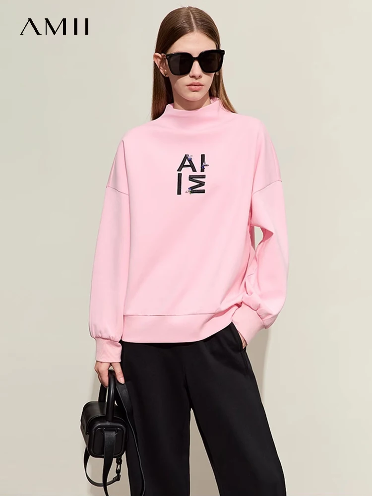 Top Trends: AMII Minimalism Half-high Neck Hoodies For Women 2024 Spring New Letter Embroidery Streetwear Dropped Sleeves Loose Top 12411006 Shoppable Styles