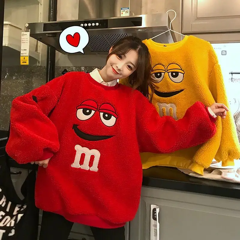 Top Trends: Hoodie Women Korean Fashion Cartoon Chocolate Beans Fleece Pullover Long Sleeved Sweater Loose Cute Oversized Tops Women Clothes Shoppable Styles