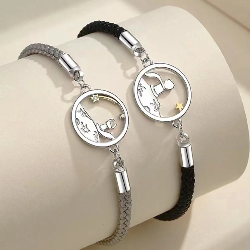 Top Trends: 2Pcs The Little Prince And Fox Couple Bracelet Black And White Handmade Woven Adjustable Couple Bracelets Valentine's Day Gifts Shoppable Styles