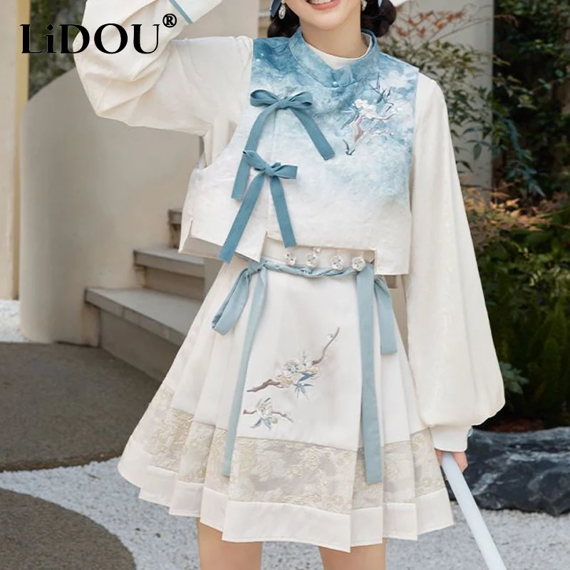 Top Trends: 2023 Spring Summer New Fashion Printing High Waist Strap A-line Skirt Women High Street Chinese Style Bow Casual Pleated Skirt Shoppable Styles